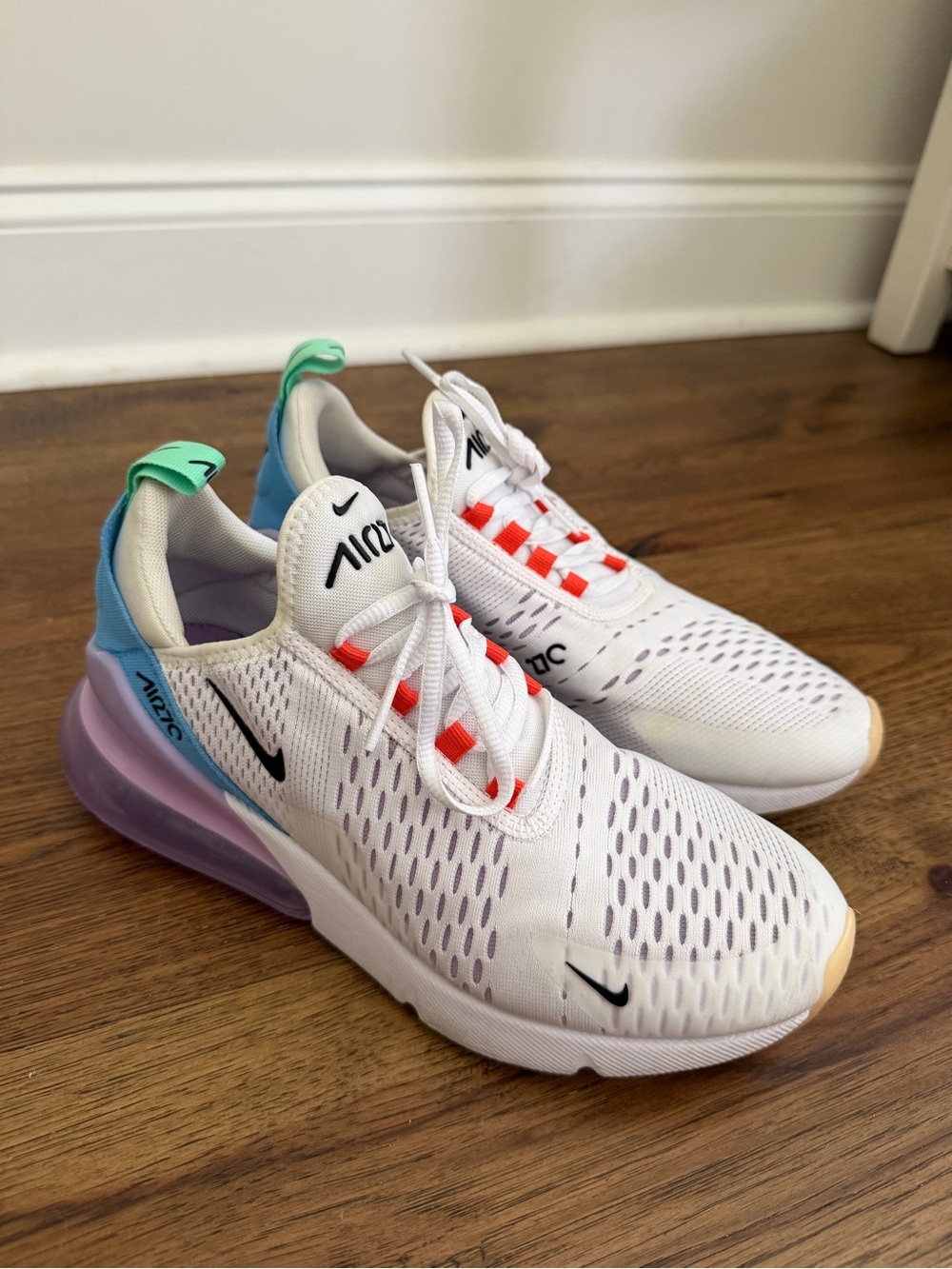 Nike Air Max 270 — White with Purple, Teal & Orange Accents